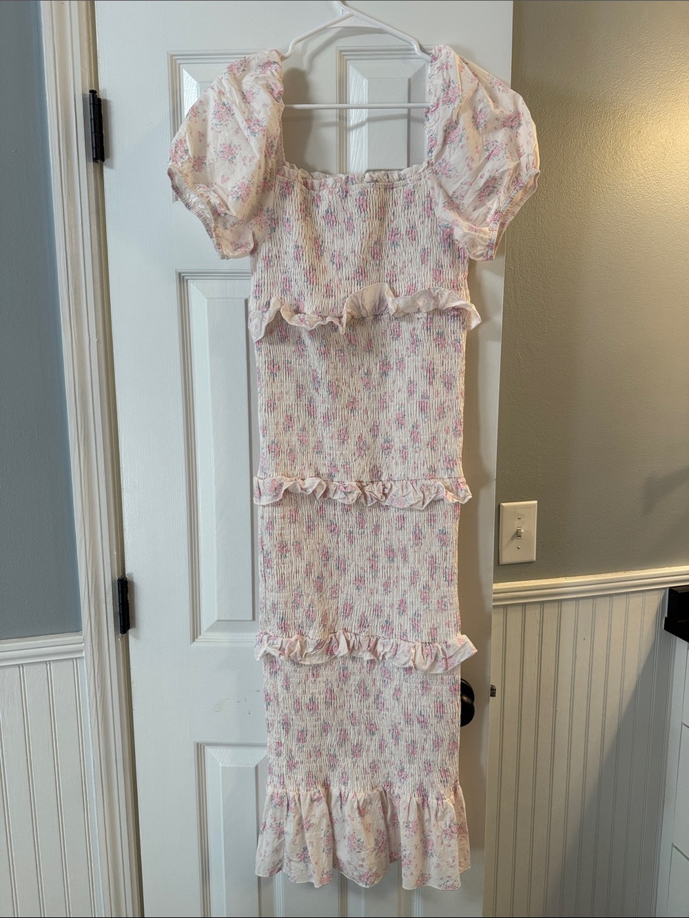 Maternity White and  Pink Floral Ruffle Dress